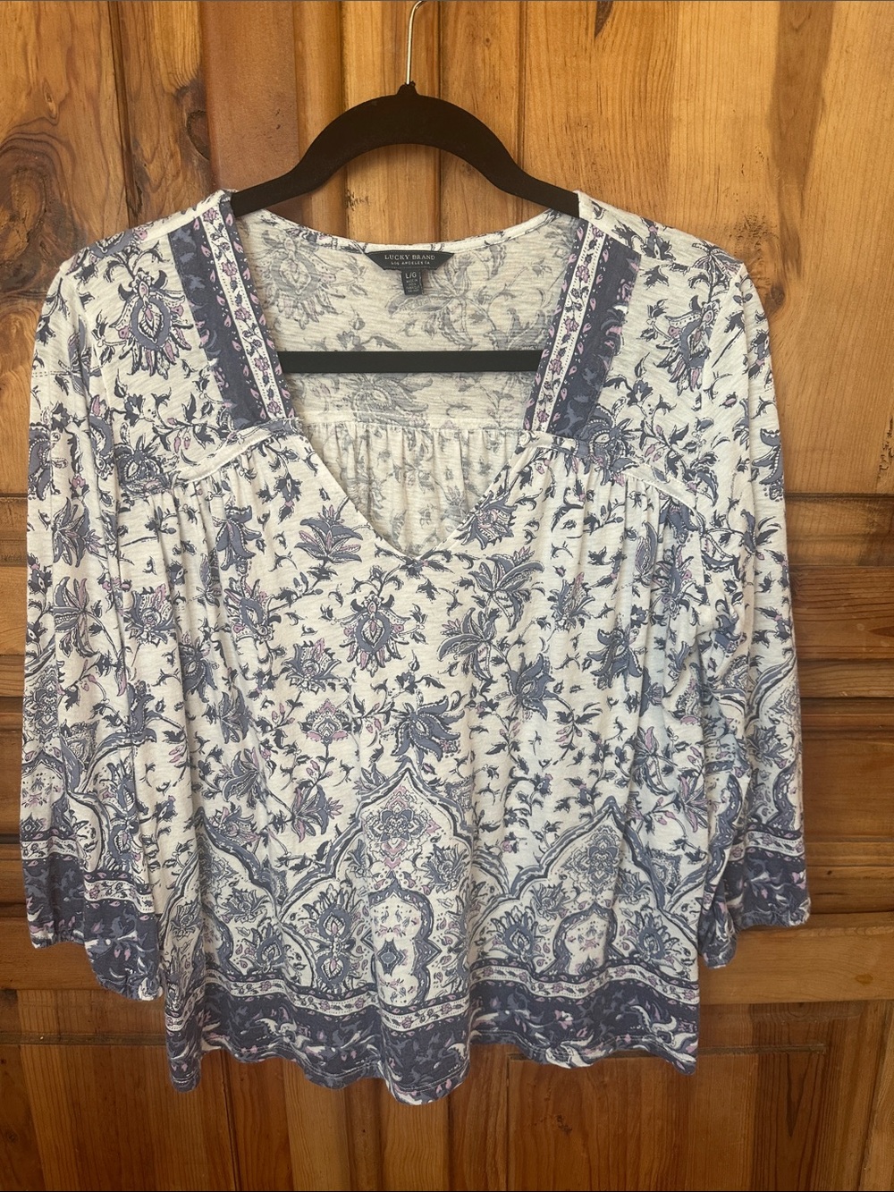 Lucky Brand White and Navy Floral Boho Peasant Tunic